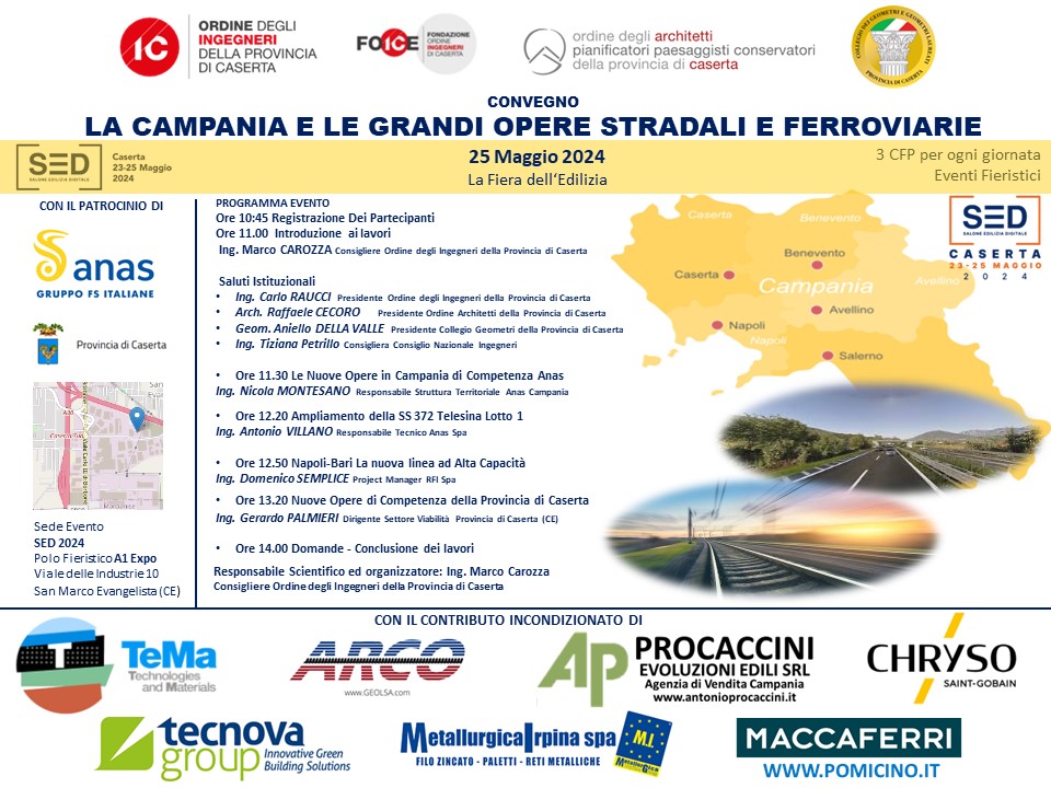 La Campania, le grandi opere stradali e ferroviarie al convegno con ingengeri, architetti e geometri al Salone dell’Edilizia Digitale di Caserta