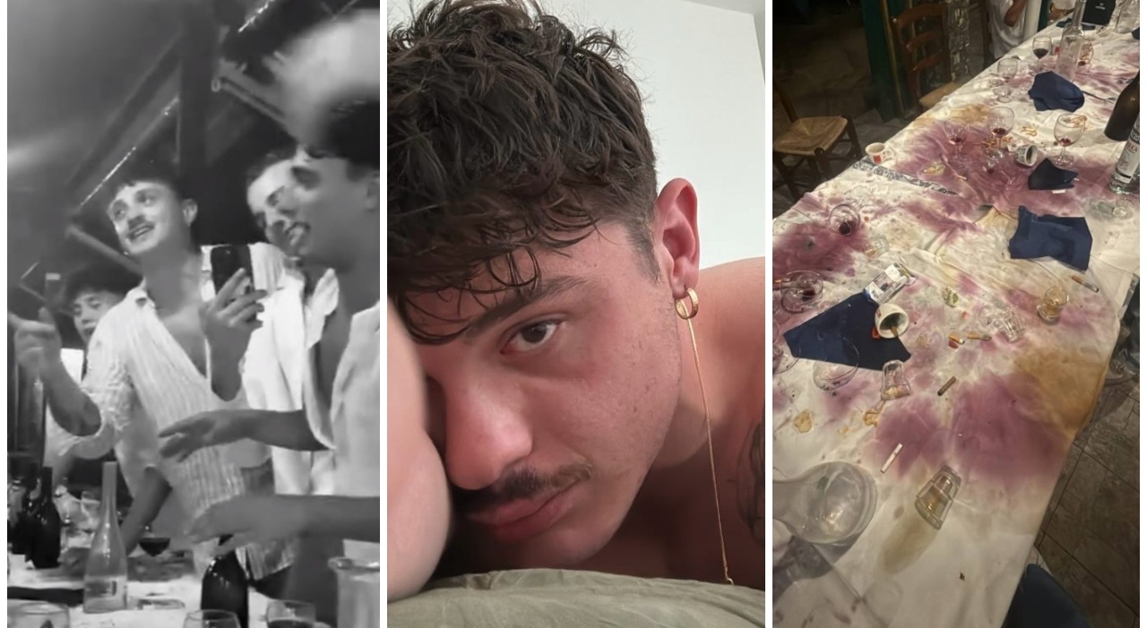 Olly, tavola devastata dopo la cena al ristorante. Bicchieri rotti, vino e sigarette ovunque: «Vivono senza regole»