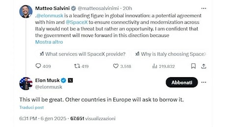 Elon Musk a Salvini: l’accordo dell'Italia con SpaceX sarà fantastico, altri in Ue seguiranno