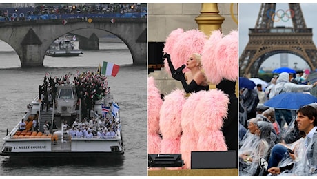 Cerimonia apertura Olimpiadi live, pioggia a Parigi: l'Italia sfila sotto il diluvio, salta un maxischermo. Fischi per gli atleti israeliani, Lady Gaga show