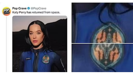 Lancio Blue Origin rituale satanico guidato da Katy Perry e Jeff Bezos, sulle tute il simbolo del capro con croce capovolta, la teoria complottista virale