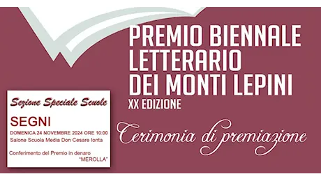 Segni. Domenica 24 Novembre la cerimonia di premiazione della XX Edizione del Premio Biennale Letterario dei Monti Lepini – Sezione Speciale Scuole