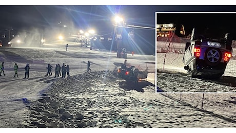 Sulla pista da sci con il Land Rover finisce per ribaltarsi (FOTO): mezzo recuperato con il gatto delle nevi