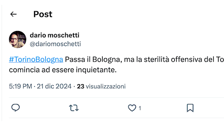 Torino-Bologna 0-2, le reazioni social: “L’attacco del Torino è preoccupante”